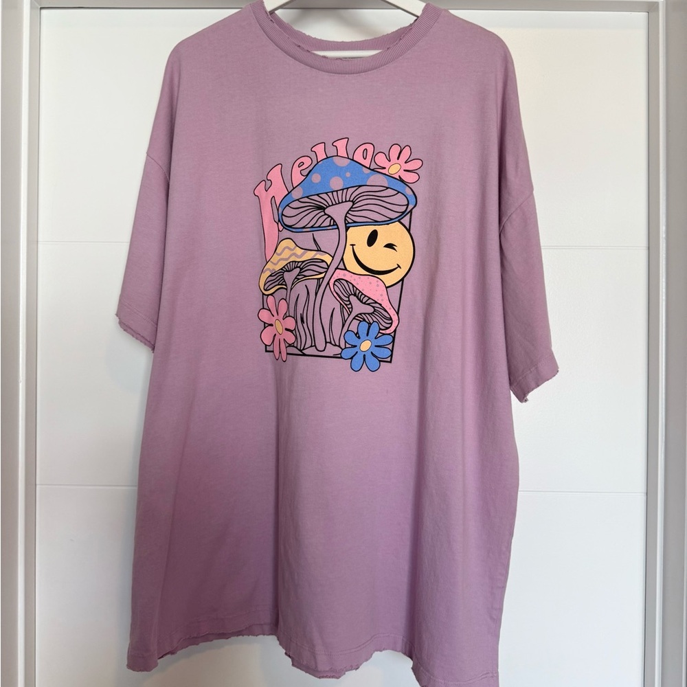 Purple Graphic Tee with Smiley and Mushrooms